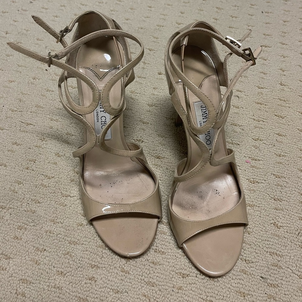 Jimmy Choo Lang Nude Beige Patent Leather Strappy Cro Gem